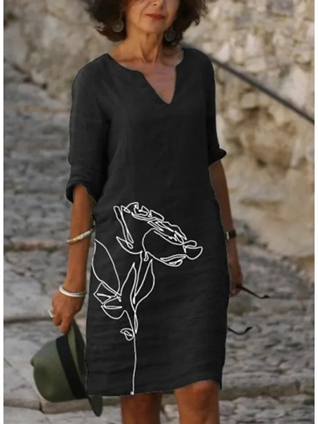 Women's Casual Dress Ethnic Dress Shift Dress Midi Dress Leopard Black White Half Sleeve Floral Print Summer Spring V Neck Basic Daily Vacation Weekend 2023 S M L XL XXL 3XL