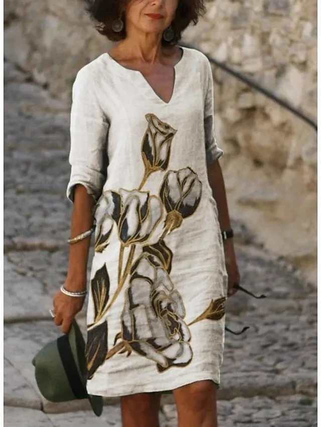 Women's Casual Dress Ethnic Dress Shift Dress Midi Dress Leopard Black White Half Sleeve Floral Print Summer Spring V Neck Basic Daily Vacation Weekend 2023 S M L XL XXL 3XL