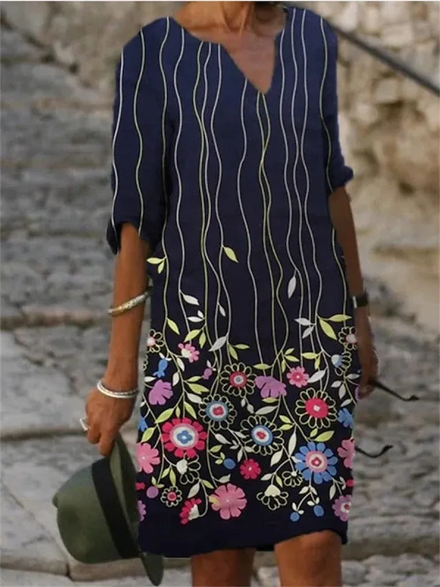 Women's Casual Dress Ethnic Dress Shift Dress Midi Dress Leopard Black White Half Sleeve Floral Print Summer Spring V Neck Basic Daily Vacation Weekend 2023 S M L XL XXL 3XL
