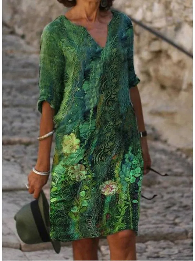 Women's Casual Dress Ethnic Dress Shift Dress Midi Dress Leopard Black White Half Sleeve Floral Print Summer Spring V Neck Basic Daily Vacation Weekend 2023 S M L XL XXL 3XL