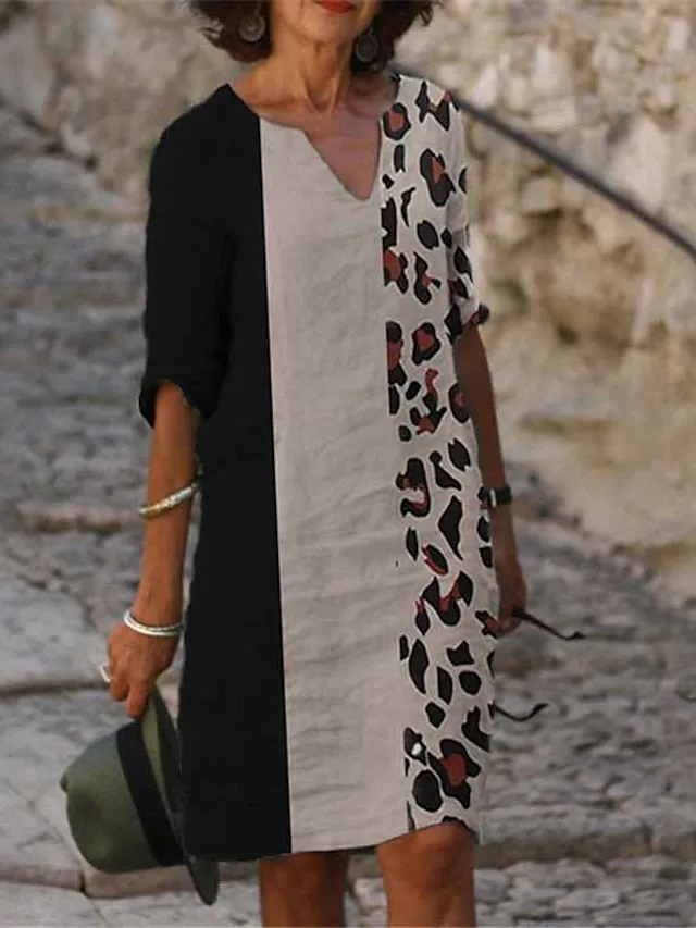 Women's Casual Dress Ethnic Dress Shift Dress Midi Dress Leopard Black White Half Sleeve Floral Print Summer Spring V Neck Basic Daily Vacation Weekend 2023 S M L XL XXL 3XL