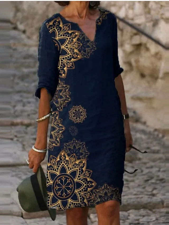Women's Casual Dress Ethnic Dress Shift Dress Midi Dress Leopard Black White Half Sleeve Floral Print Summer Spring V Neck Basic Daily Vacation Weekend 2023 S M L XL XXL 3XL
